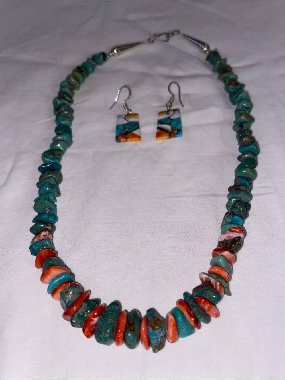 Turquoise and Coral Stone Bead Necklace with Matching Earrings - Picture 2 of 7